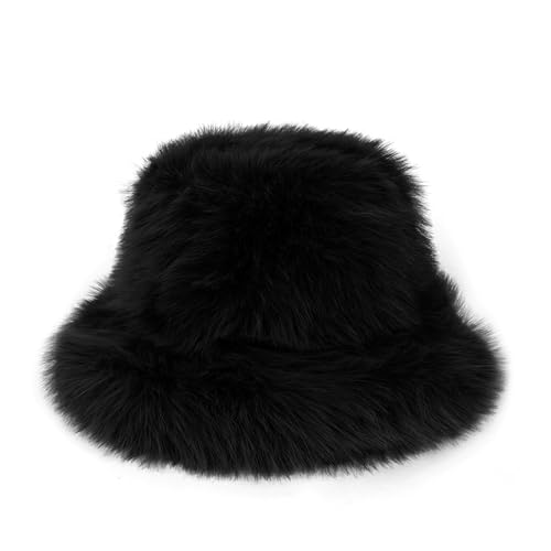 Women's Oversized Faux Fur Bucket Hat, Fluffy Plush Fuzzy Winter Warm Hat - color: Black