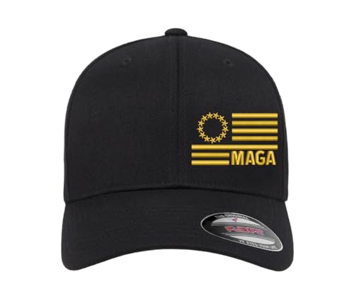 BestSyracuse Make America Greek Again (MAGA) Flag Side Embroidered Fitted Hat - color: Black Curved Gold Thread, size: Large-X-Large