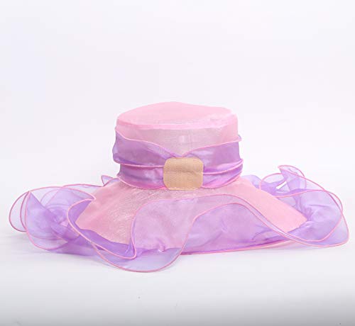 Z&X Women Organza Church Derby Hat Wide Brim Sun Hats for Wedding Tea Party Fascinator Hat, Dual-use - color: 013b- Pink and Purple