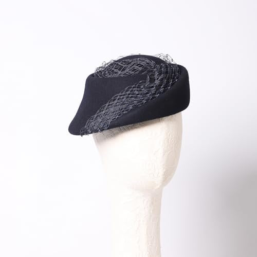 Small Top Hats for Women Elegant Winter Vintage Beret Wool Felt Fedoras Ladies Luxury Wedding and Church Cap Female - color: Navy Blue 1