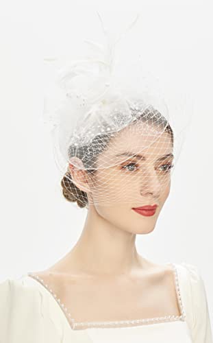 Kentucky Derby Fascinators for Women High Tea Party Hat Wedding Cocktail Flower Headware with Mesh and Feathers - color: A-white