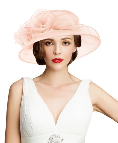 Women's Kentucky Derby Church Dress Hat Wide Brim Leaf Flower Bridal Shower Hat - color: A2-light Pink