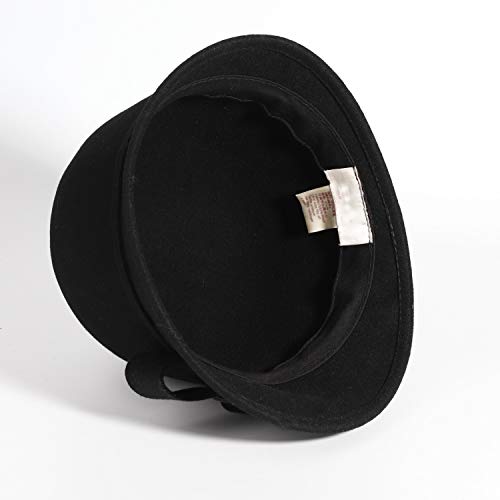 Women Solid Color 100% Wool Winter Hat Women Cloche Bucket Bowler with Bowknot - color: Black