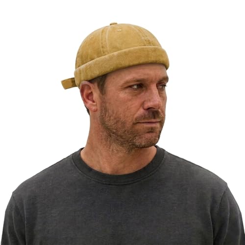 Sailor Brimless Skull Hat, Washed Cotton Docker Hat for Men Vintage - color: Yellow