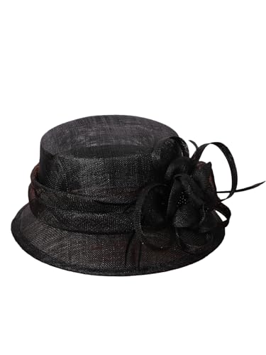HIMESPORT Retro Sinamay Veil Flower Bride Wedding Fascinator Hat Feather Bowler Hat Hair Accessory Banquet Cocktail Party - color: Black 1
