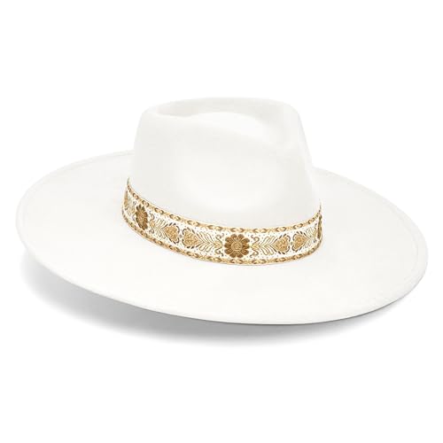 FLUFFY SENSE. Big Wide Brim Boho Western Hat for Women and Men - Felt Rancher Fedora Hat with 4 inches Flat Brim - color: Pure White, size: Medium