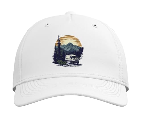 White Camper Van RV: Embrace the Mountain Travel Life Adjustable Baseball Hat - color: White