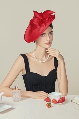 BABEYOND Derby Fascinators Hats for Women Wide Brim Tea Party Flower Hat - color: Red