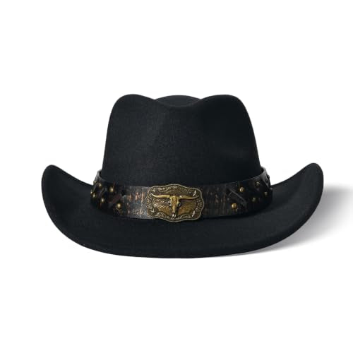 Classic Western Cowboy Hat Cowgirl Hat Unisex Men's & Women's Wide Brim Felt Fedora Hat Flat Top with Buckle Belt - color: Black 7#, size: 7-7 1/4