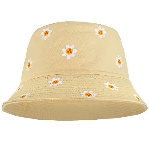 Falari Reversible Bucket Hat for Men Women Summer Travel Beach Outdoor Fishing Hat 100% Cotton - color: J876-eggnog-daisy Flower