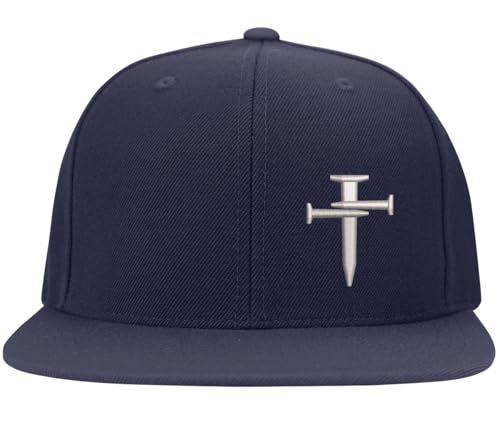 Nail Cross Christian Fitted Side Embroidered Hat Baseball Cap - color: Navy Flat Brim, size: Small-Medium