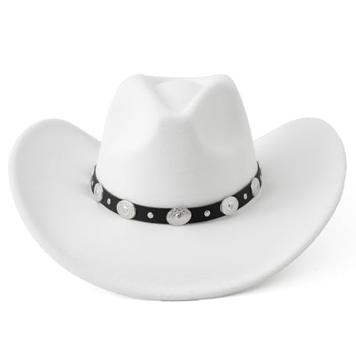 Lanzom Women Men Felt Wide Brim Western Cowboy Hats Belt Buckle Panama Hat - color: White, size: Medium-Large