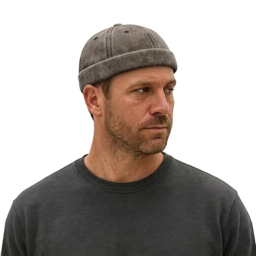 Sailor Brimless Skull Hat, Washed Cotton Docker Hat for Men Vintage - color: Coffee