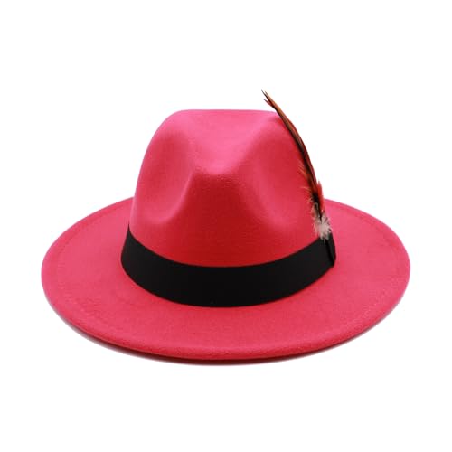 Mens Fedora Hats Classic Wide Brim Fedora Hat for Women Men Dress Hats Panama Hat with Band - color: Rose Red