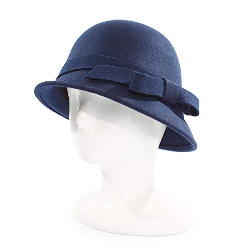Ladies Wool Felt Bucket Hat Women Vintage Cloche Fedora Winter Church Bowler Hat with Bow - color: Navy