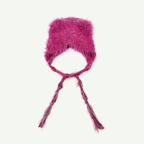 LumiSyne Winter Hat Cute Cat Ear Shape y2k Style Furry Knit Earflap Hat with Long Ear Straps Peruvian Cover Ear Beanie Hat - color: Pink