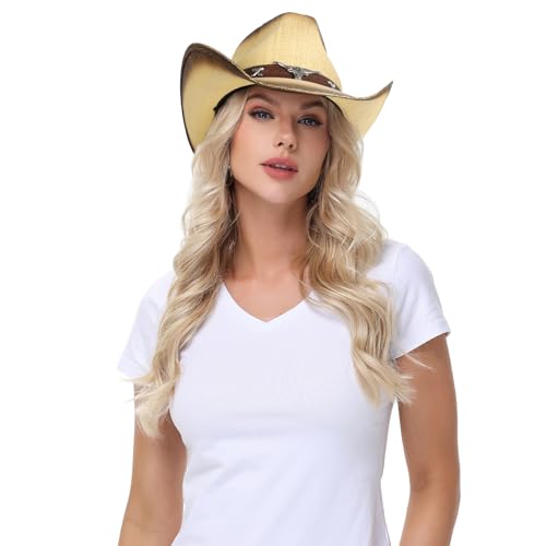 WQWOVRVO Cowboy Hat,Cowgirl Hat,Western Cowboy Hats for Women/Mens/Straw Wide with Shapeable Brim Cowboy Hat for Womens - color: Beige & Coffee