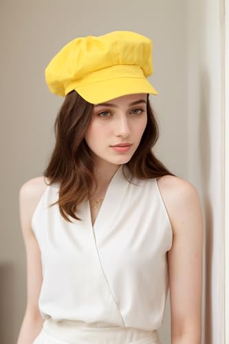 Newsboy Hats for Women -100% Cotton Womens Newsboy Cap Vintage Cabbie Hat - Pageboy Hats for Women Girls Ladies Gift - color: Yellow