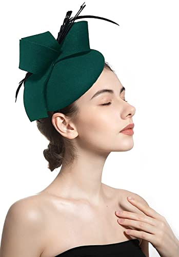 Women's Vintage 100% Wool Felt Cloche Bucket Bowler Hat Winter Vintage Bow Fedoras Church Fascinator - color: 01-green