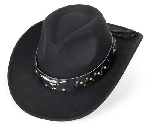 Western Cowboy Hat for Men Women Classic Fedora Cowgirl Hats Buckle Belt - color: Bull-head Cowboy Hat