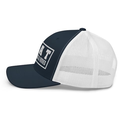 NG Boat Bring Out Ass and Titties Curved Bill Trucker Hat Mid Crown Adjustable Funny Adult Humor Cap - color: Navy/ White