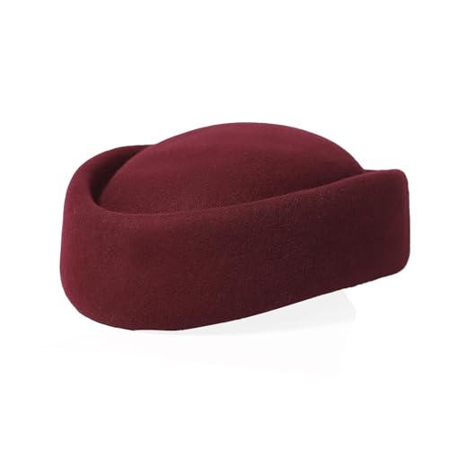 Wool Felt Pill Box Hats for Women Vintage 60s Fascinators Church Hats Cocktail Stewardess Derby Hats with Comb - color: Wine Red