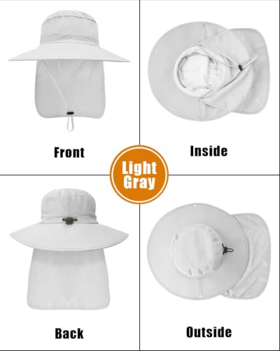 Outdoor Sun Hats with Stowable Neck Flap for Men Women UPF 50+ Mesh Summer Bucket Hat Wide Brim for Fishing Safari Hiking - color: Light Grey