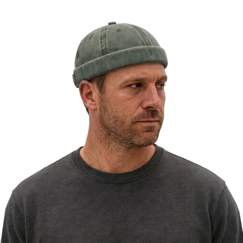 Sailor Brimless Skull Hat, Washed Cotton Docker Hat for Men Vintage - color: Green
