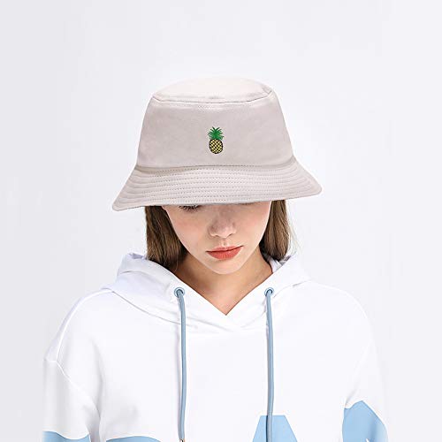 XYIYI Fashion Embroidery Bucket Hat Cotton Beach Fisherman Hats for Women Girls - color: Pineapple Beige