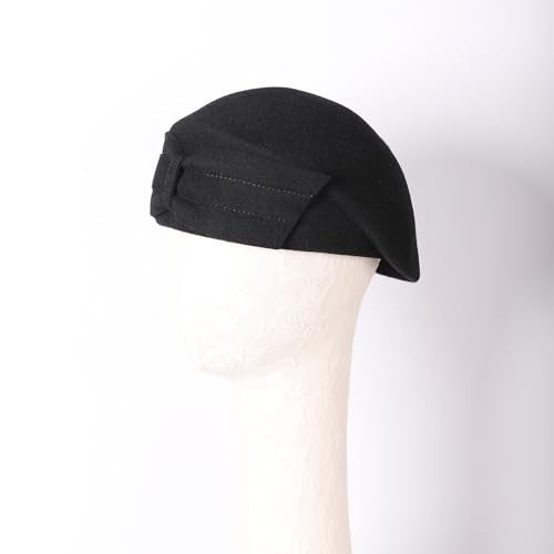 Womens Wool Felt French Berets Pillbox Hat Vintage Beanie Beret Bowknot Cap - color: Solid Black