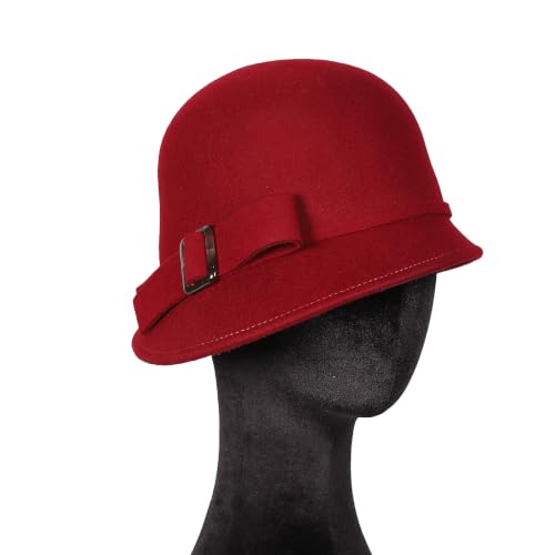 Women Solid Color 100% Wool Winter Hat Women Cloche Bucket Bowler with Bowknot - color: Burgundy