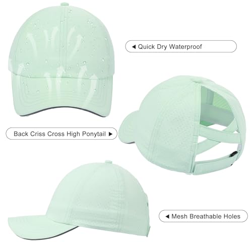 Girls Criss Cross Ponytail Hat Mesh Baseball Cap Kids Quick Dry Ponycap Hats Outdoor Summer Sports Hat Age 7-12 - color: Mint Green