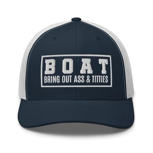 NG Boat Bring Out Ass and Titties Curved Bill Trucker Hat Mid Crown Adjustable Funny Adult Humor Cap - color: Navy/ White