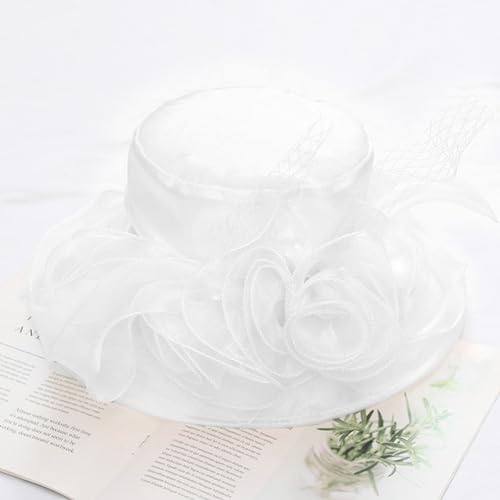 Women Derby Fascinator Hat Organza Church Wedding Hats Wide Brim Cocktail Tea Party Hat - color: 12 White