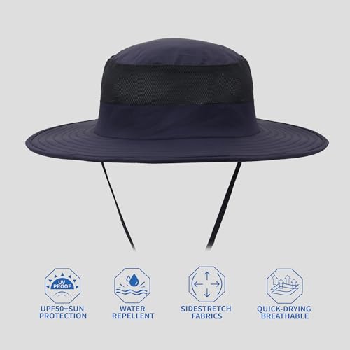 Outdoor Sun Hat UPF 50 Protection Waterproof Fishing hat Face Cover Summer Neck Flap Hat - color: Navy Blue