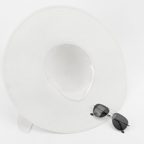 DRESHOW Beach Hats for Women Big Straw Wide Brim Summer Hat Floppy Foldable Roll up Cap Sun Hat UPF 50+ - color: White / 5.5" Brim, 1 Pack