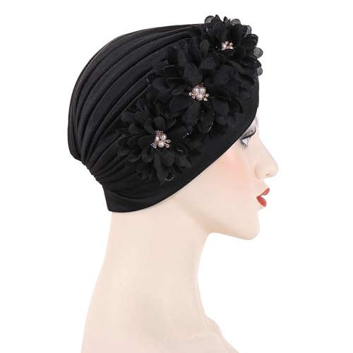 Flower Pre-Tied Turban Beanie, Soft Chemo Cap for Women Cancer Hair Loss - color: Black
