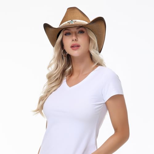 WQWOVRVO Cowboy Hat,Cowgirl Hat,Western Cowboy Hats for Women/Mens/Straw Wide with Shapeable Brim Cowboy Hat for Womens - color: Camel & Coffee Color