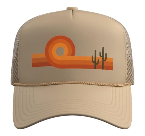 Retro Desert Sunset, Vintage Southwest Cactus Landscape Trucker Hat with Adjustable Mesh Back - color: Khaki