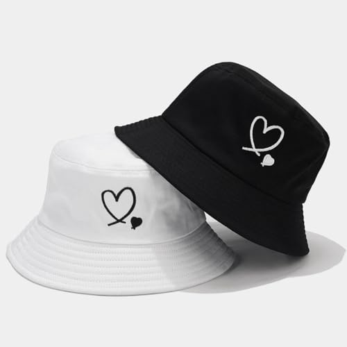 XYIYI Fashion Embroidery Bucket Hat Cotton Beach Fisherman Hats for Women Girls - color: Double Heart Black