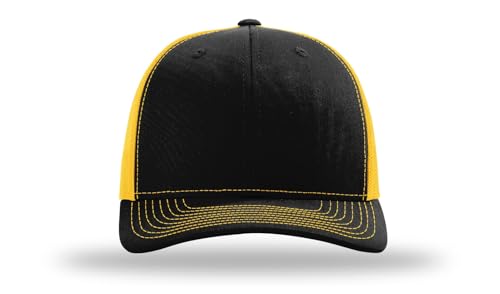 Richardson 112 Trucker Hat - Premium Blank Baseball Cap, Adjustable Snapback Hat - Structured Six Panel Richardson Blank Hats - color: Black/Gold