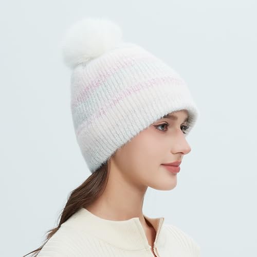Women‘s Slouchy Knitted Beanie with Pom - Fleece Lined, Ribbed Cap with Stripes - color: White