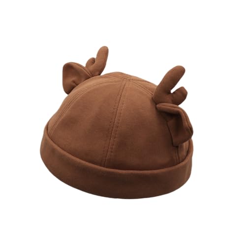 Beanie Hats for Women Men Brimless Skullcap Docker Cap with Reindeer Antlers Rolled Cuff Retro Adjustable Sailor Cap - color: Brick Red
