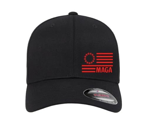 BestSyracuse Make America Greek Again (MAGA) Flag Side Embroidered Fitted Hat - color: Black Curved Red Thread, size: Large-X-Large