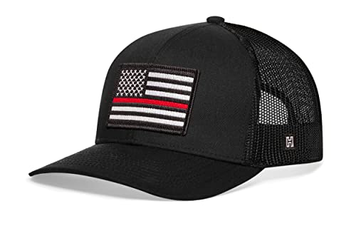 HAKA American Flag Hat | USA Mesh Trucker Snapback Comfort Baseball Cap - color: Black, style: Thin Red Line - (White Stripes)