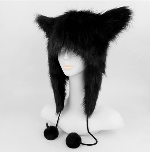PURFUN Fuzzy Faux Fur Full Hood Trapper Hats with Animal Ear, Adults Halloween Cosplay Roleplay Cat Wolf Ear Hooded Hats - color: Black