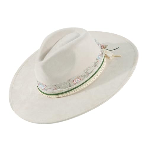 Brim Fedora Hat for Men Women Felt Handmade Boho Western Suede Panama Hats M-L - color: Beige