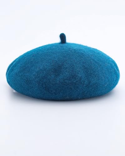 French Beret Hats for Women - Wool Solid Color Beanie Cap - color: Peacock Blue
