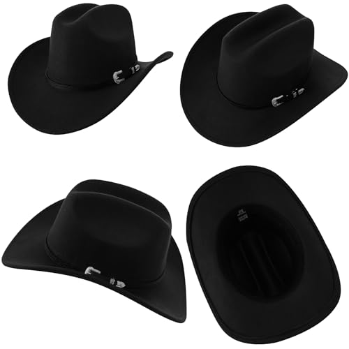 2pcs Western Cowboy Hat for Men Women Black Cowgirl Hat Felt Fedora Country Cow Girl Hats with Belt Buckle Party - color: Black+browm