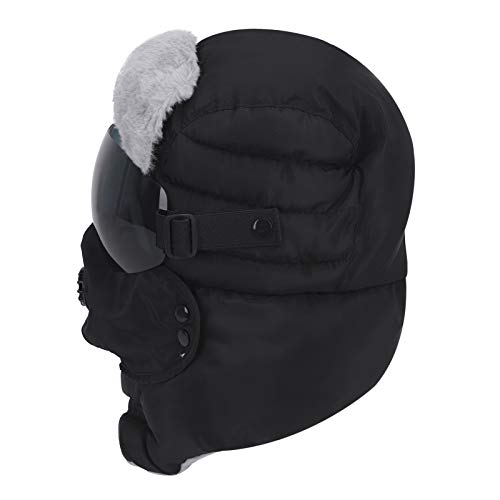 Winter 3 in 1 Thermal Fur Lined Trapper Hat with Ear Flap Full Face Warmer Cover Windproof Cycling Motorcycle Headwear - color: Black Fur Cap+black Windproof Glasses